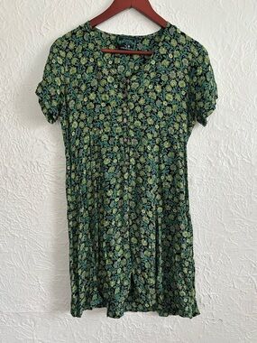 Vintage Pudding Shop Cottagecore Green Floral Short-Sleeve Tunic Dress